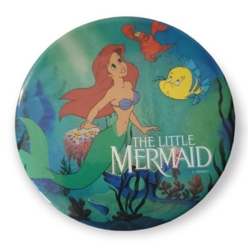 Vintage Disney Little Mermaid Ariel Sebastian Flounder 3" Pin Back Button